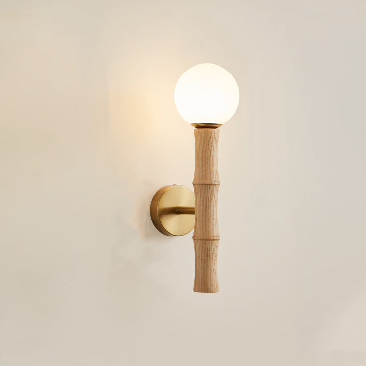 Traditional Japanese Spherical Ash Wood Iron Glass 1-Light Wall Sconce Lamp For Bedroom