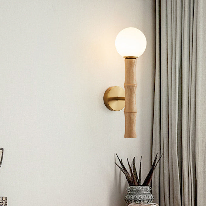 Traditional Japanese Spherical Ash Wood Iron Glass 1-Light Wall Sconce Lamp For Bedroom