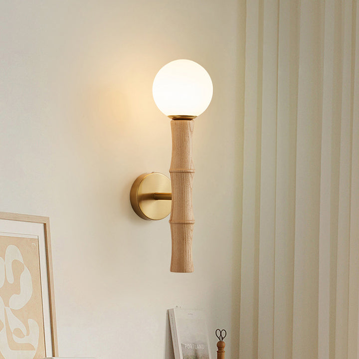 Traditional Japanese Spherical Ash Wood Iron Glass 1-Light Wall Sconce Lamp For Bedroom
