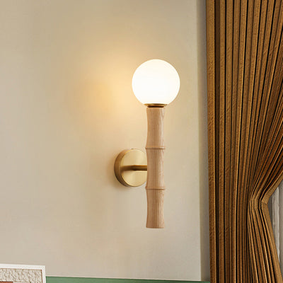 Traditional Japanese Spherical Ash Wood Iron Glass 1-Light Wall Sconce Lamp For Bedroom