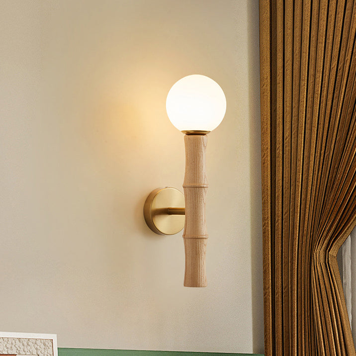 Traditional Japanese Spherical Ash Wood Iron Glass 1-Light Wall Sconce Lamp For Bedroom