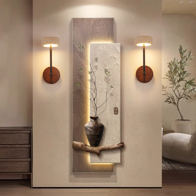 Applique murale LED en bois massif travertin jaune rond moderne du milieu du siècle pour chambre 