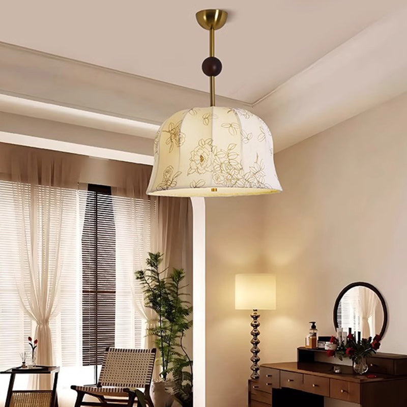 Modern Mid-Century Pumpkin-shaped Dome Iron Ash Wood Fabric 1-Light Pendant Light For Bedroom