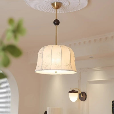 Modern Mid-Century Pumpkin-shaped Dome Iron Ash Wood Fabric 1-Light Pendant Light For Bedroom