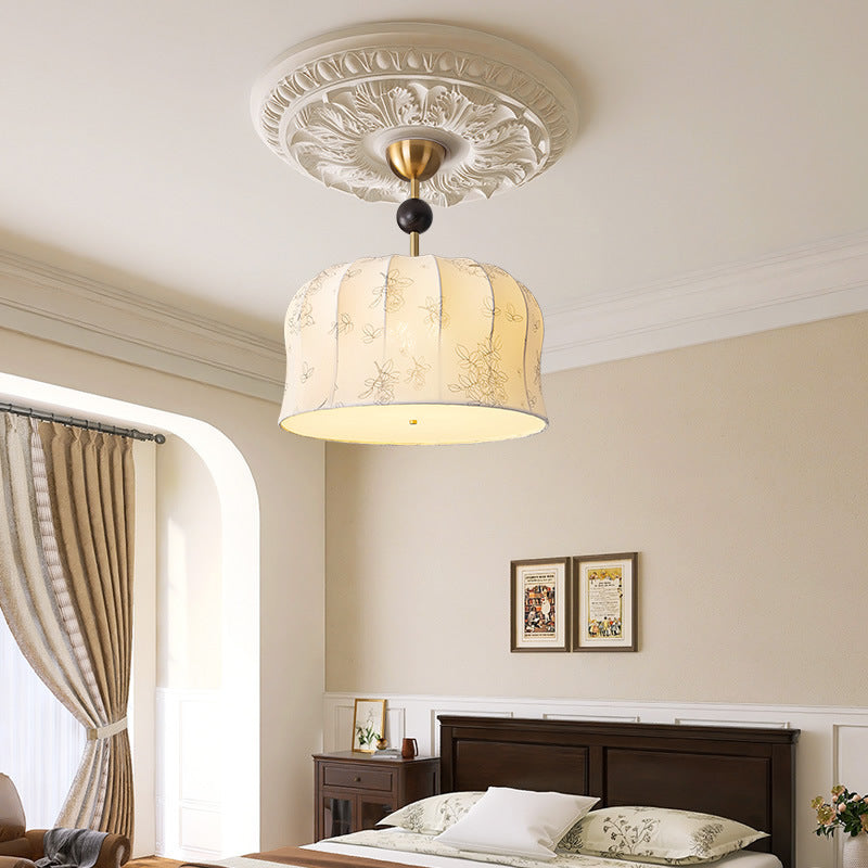 Modern Mid-Century Pumpkin-shaped Dome Iron Ash Wood Fabric 1-Light Pendant Light For Bedroom