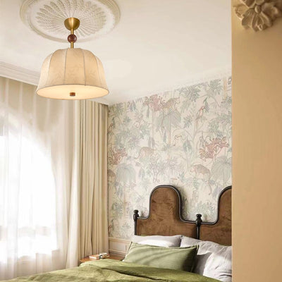 Modern Mid-Century Pumpkin-shaped Dome Iron Ash Wood Fabric 1-Light Pendant Light For Bedroom