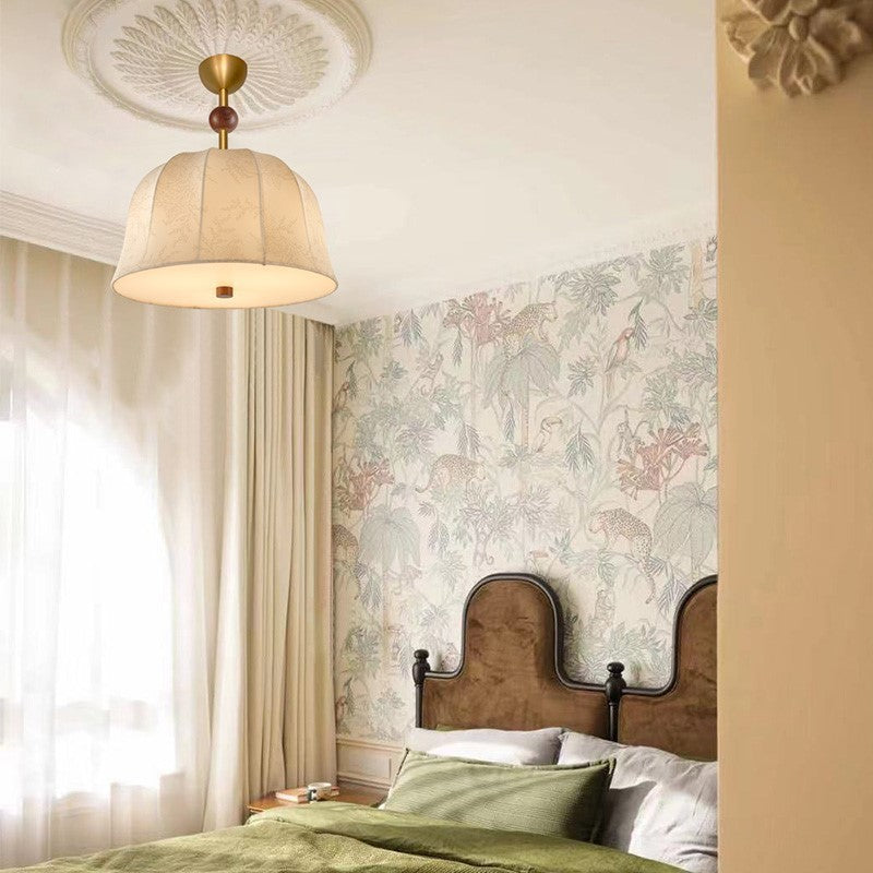 Modern Mid-Century Pumpkin-shaped Dome Iron Ash Wood Fabric 1-Light Pendant Light For Bedroom