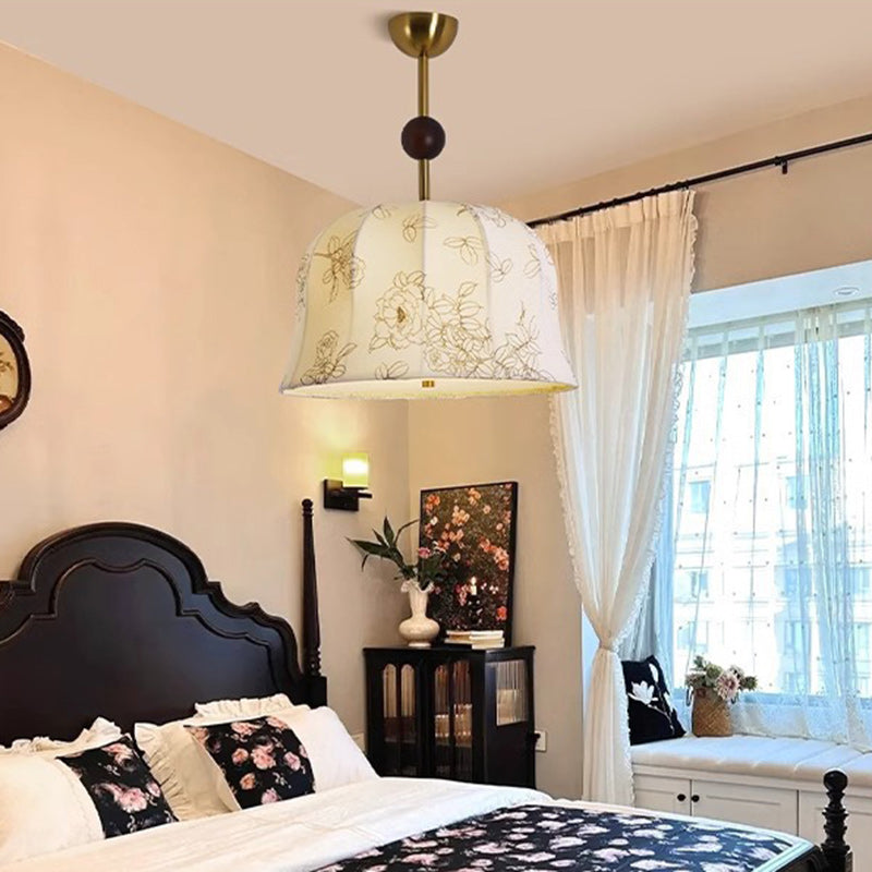 Modern Mid-Century Pumpkin-shaped Dome Iron Ash Wood Fabric 1-Light Pendant Light For Bedroom