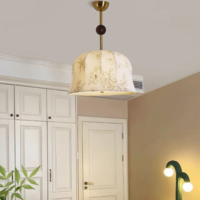 Modern Mid-Century Pumpkin-shaped Dome Iron Ash Wood Fabric 1-Light Pendant Light For Bedroom