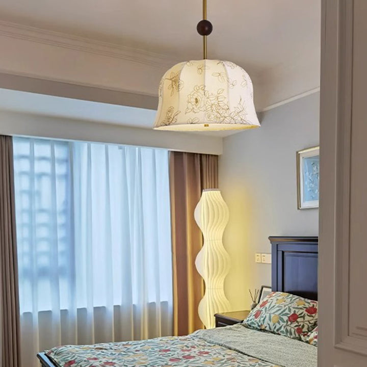 Moderne Mid-Century Kürbisförmige Kuppel Eisen Asche Holz Stoff 1-Licht Pendelleuchte für Schlafzimmer 