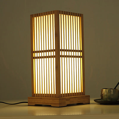 Traditional Japanese Tatami Box-shaped Bamboo 1-Light Table Lamp For Bedroom