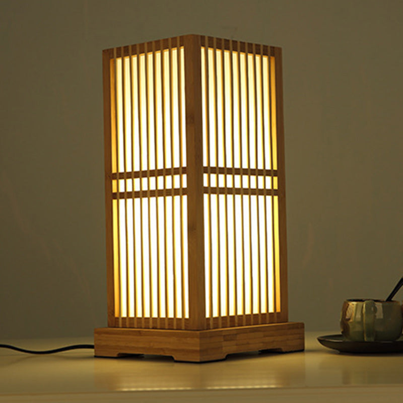 Traditional Japanese Tatami Box-shaped Bamboo 1-Light Table Lamp For Bedroom