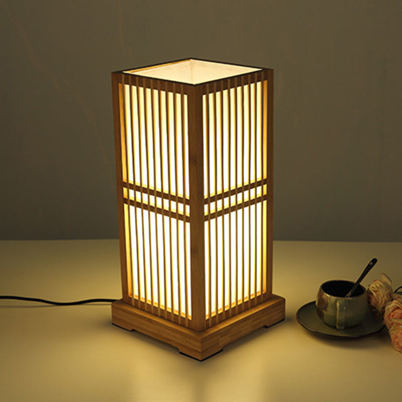 Traditional Japanese Tatami Box-shaped Bamboo 1-Light Table Lamp For Bedroom