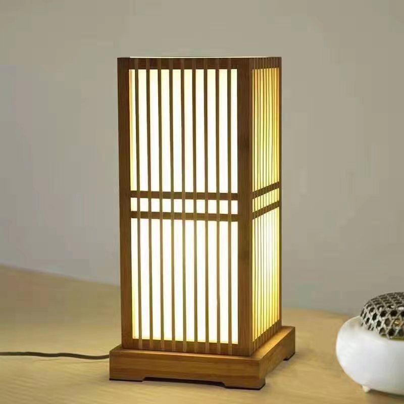 Traditional Japanese Tatami Box-shaped Bamboo 1-Light Table Lamp For Bedroom