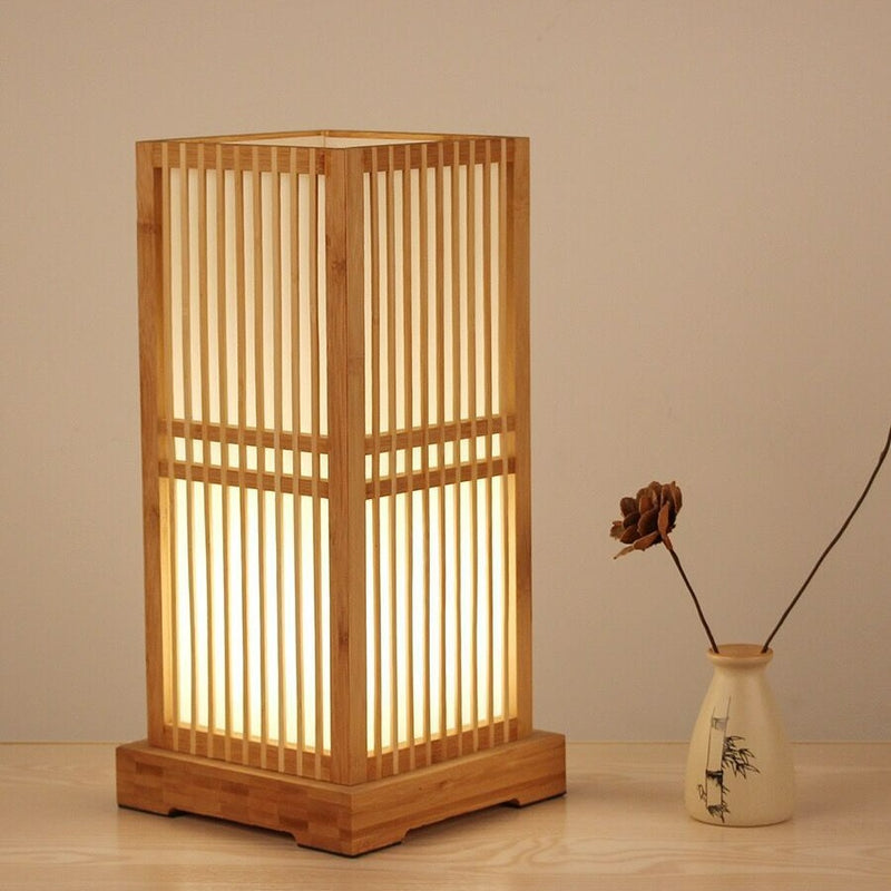 Traditional Japanese Tatami Box-shaped Bamboo 1-Light Table Lamp For Bedroom