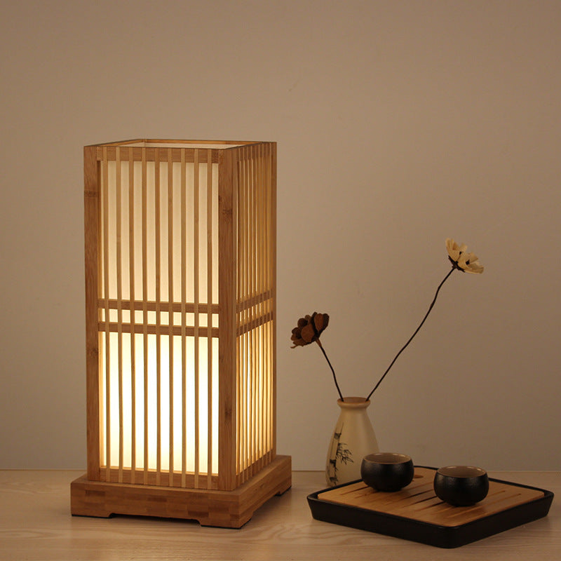 Traditional Japanese Tatami Box-shaped Bamboo 1-Light Table Lamp For Bedroom