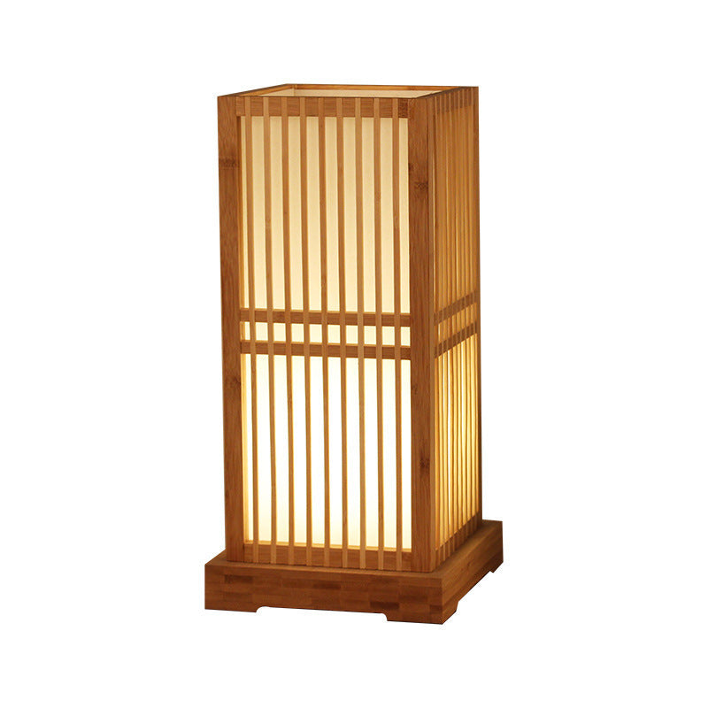 Traditional Japanese Tatami Box-shaped Bamboo 1-Light Table Lamp For Bedroom
