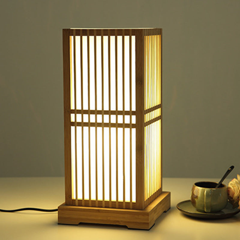 Traditional Japanese Tatami Box-shaped Bamboo 1-Light Table Lamp For Bedroom