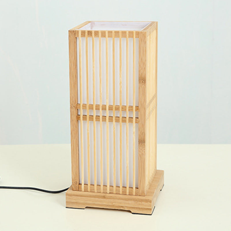 Traditional Japanese Tatami Box-shaped Bamboo 1-Light Table Lamp For Bedroom
