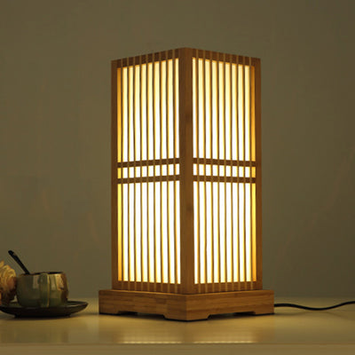 Traditional Japanese Tatami Box-shaped Bamboo 1-Light Table Lamp For Bedroom