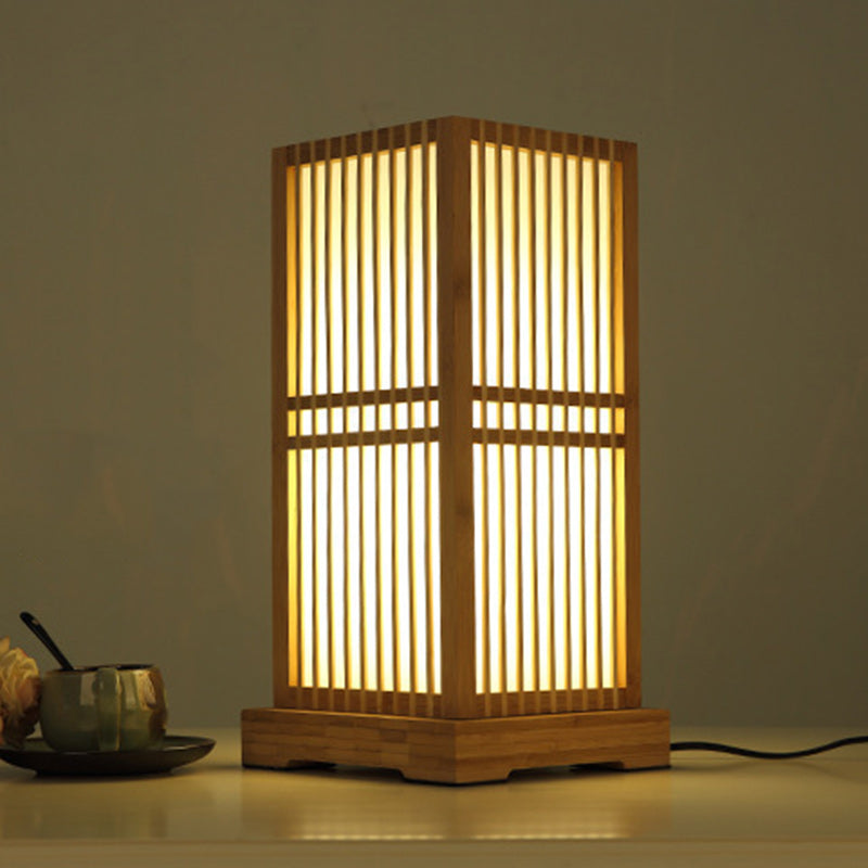 Traditional Japanese Tatami Box-shaped Bamboo 1-Light Table Lamp For Bedroom