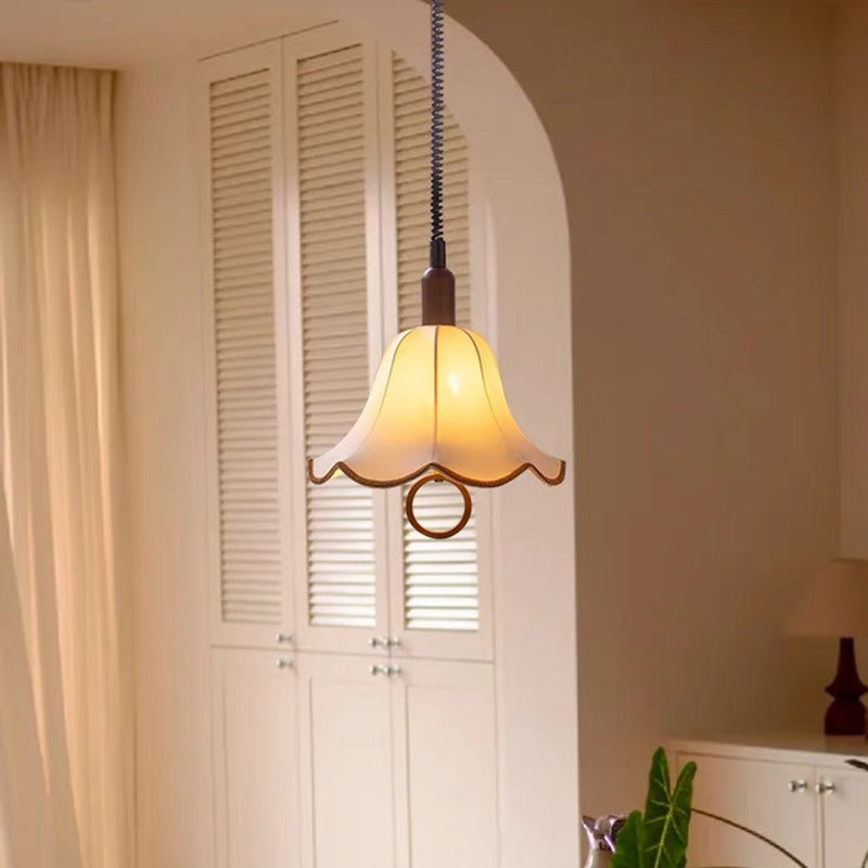 Traditional French Rustic Flower-shaped Solid Wood Fabric 1-Light Pendant Light For Bedroom