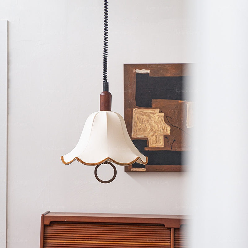 Traditional French Rustic Flower-shaped Solid Wood Fabric 1-Light Pendant Light For Bedroom
