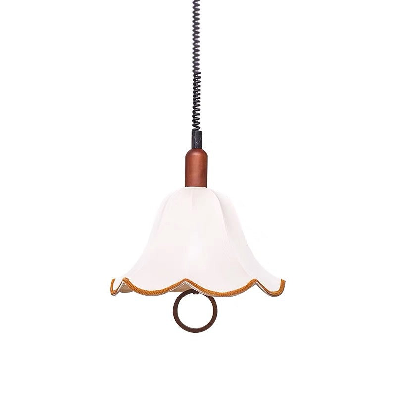 Traditional French Rustic Flower-shaped Solid Wood Fabric 1-Light Pendant Light For Bedroom