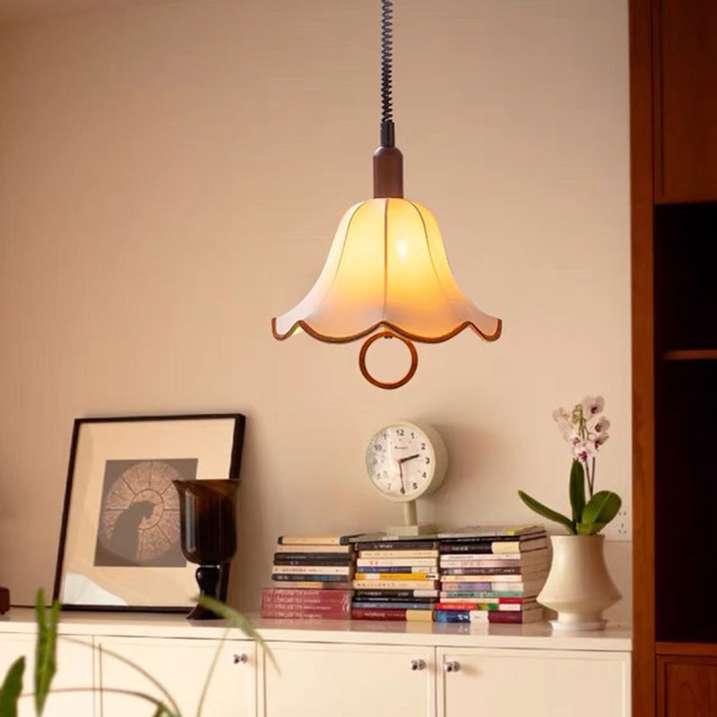 Traditional French Rustic Flower-shaped Solid Wood Fabric 1-Light Pendant Light For Bedroom