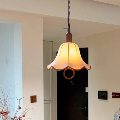 Traditional French Rustic Flower-shaped Solid Wood Fabric 1-Light Pendant Light For Bedroom
