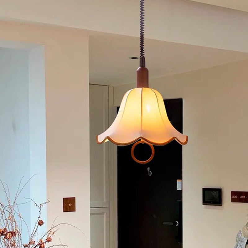 Traditional French Rustic Flower-shaped Solid Wood Fabric 1-Light Pendant Light For Bedroom