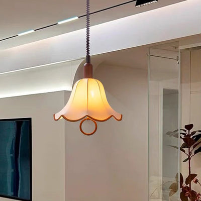 Traditional French Rustic Flower-shaped Solid Wood Fabric 1-Light Pendant Light For Bedroom