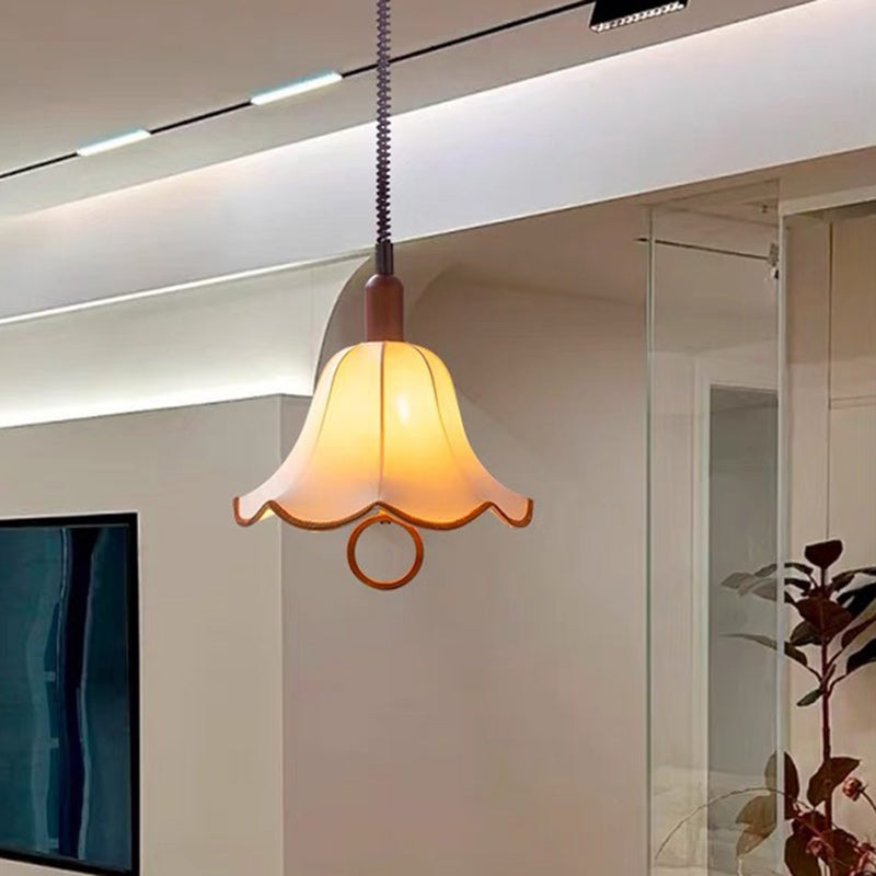 Traditional French Rustic Flower-shaped Solid Wood Fabric 1-Light Pendant Light For Bedroom