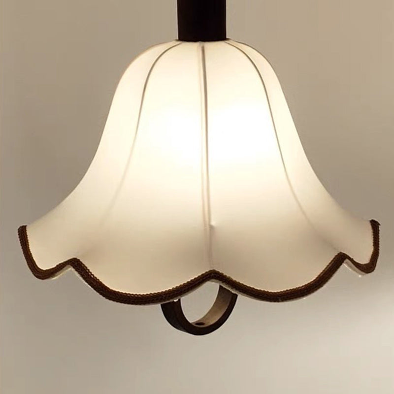 Traditional French Rustic Flower-shaped Solid Wood Fabric 1-Light Pendant Light For Bedroom