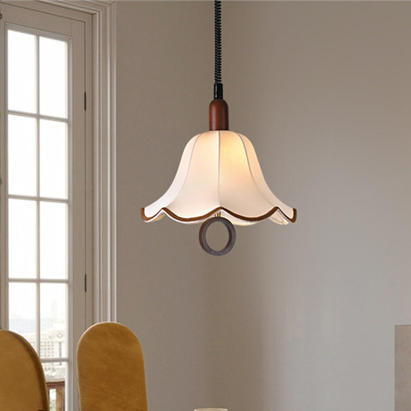 Traditional French Rustic Flower-shaped Solid Wood Fabric 1-Light Pendant Light For Bedroom