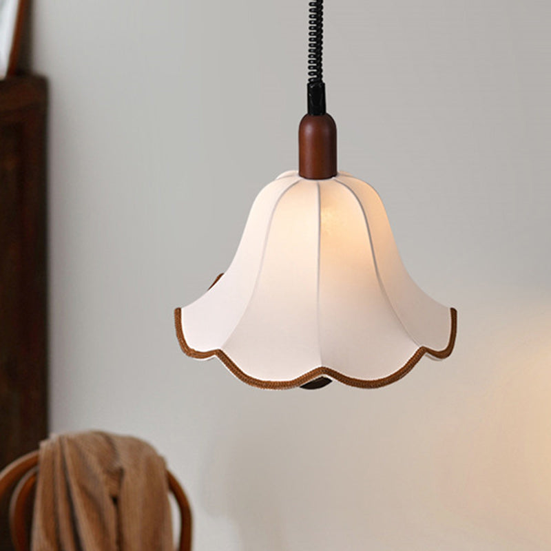 Traditional French Rustic Flower-shaped Solid Wood Fabric 1-Light Pendant Light For Bedroom