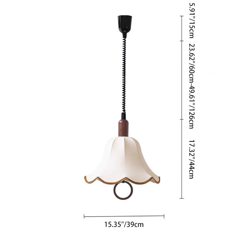 Traditional French Rustic Flower-shaped Solid Wood Fabric 1-Light Pendant Light For Bedroom