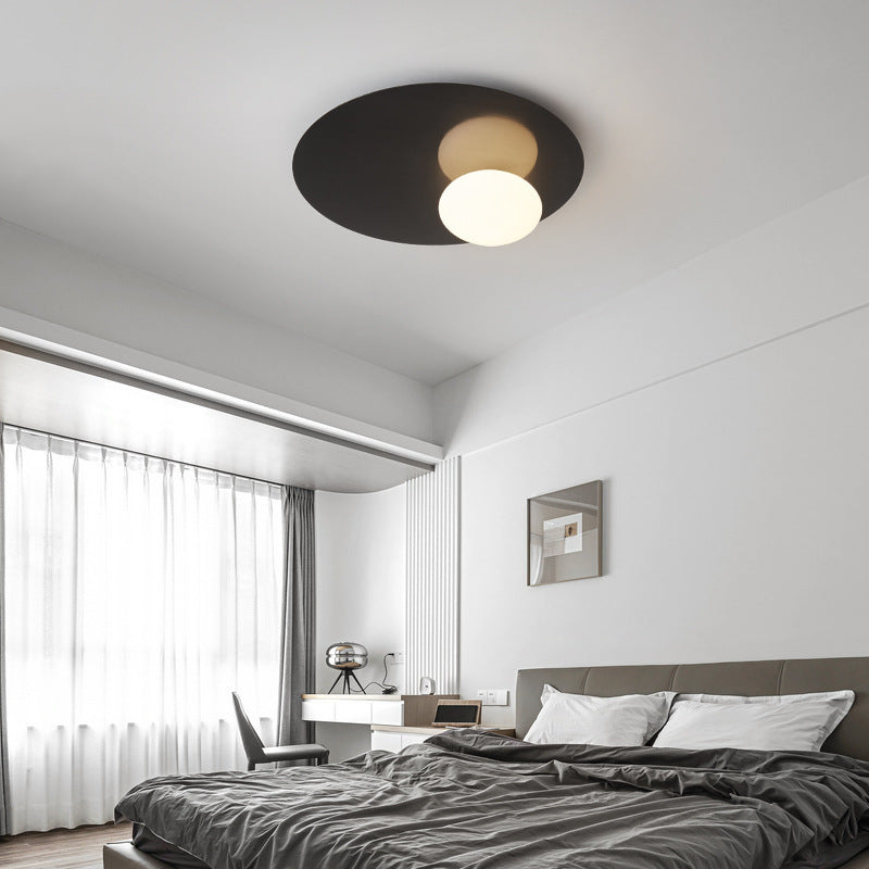 Modern Minimalist Art Deco Round Iron Glass 1-Light Flush Mount Ceiling Light For Bedroom