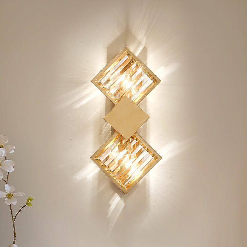 Cadre carré Art Déco moderne en métal et cristal applique murale à 2 lumières pour chambre 