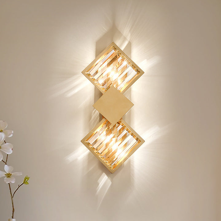 Cadre carré Art Déco moderne en métal et cristal applique murale à 2 lumières pour chambre 