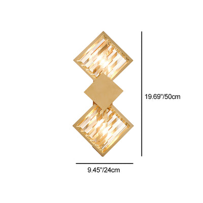 Modern Art Deco Square Frame Metal Crystal 2-Light Wall Sconce Lamp For Bedroom