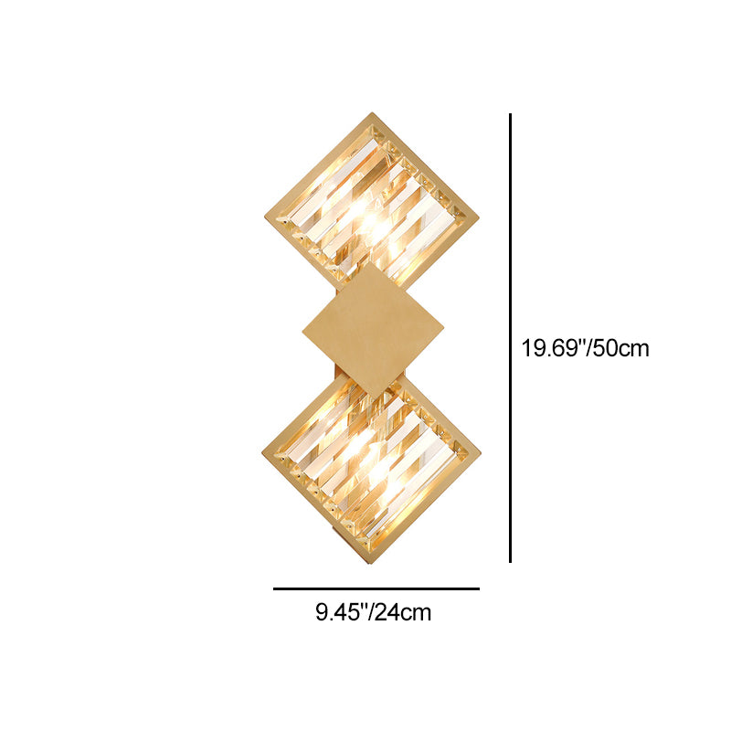 Modern Art Deco Square Frame Metal Crystal 2-Light Wall Sconce Lamp For Bedroom