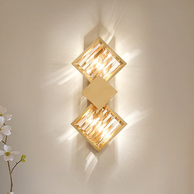 Modern Art Deco Square Frame Metal Crystal 2-Light Wall Sconce Lamp For Bedroom