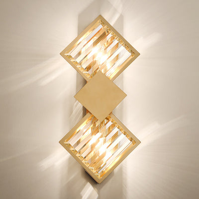Modern Art Deco Square Frame Metal Crystal 2-Light Wall Sconce Lamp For Bedroom