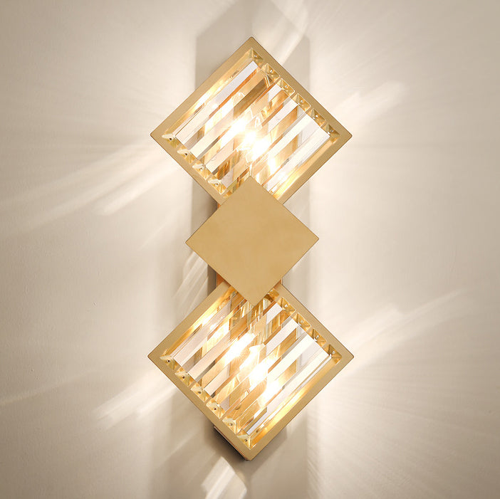 Modern Art Deco Square Frame Metal Crystal 2-Light Wall Sconce Lamp For Bedroom