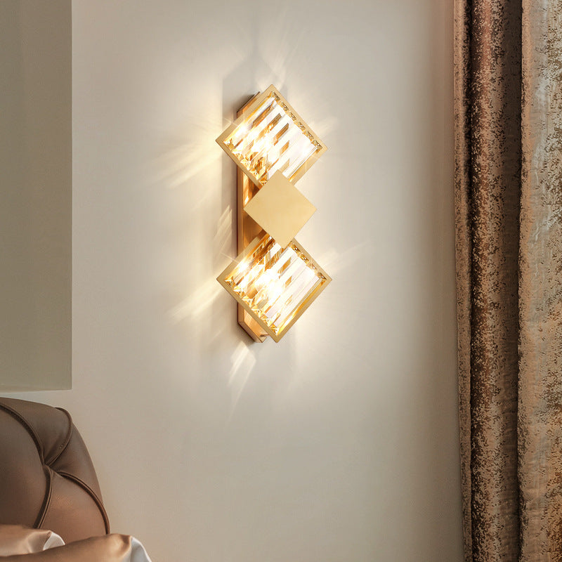 Modern Art Deco Square Frame Metal Crystal 2-Light Wall Sconce Lamp For Bedroom