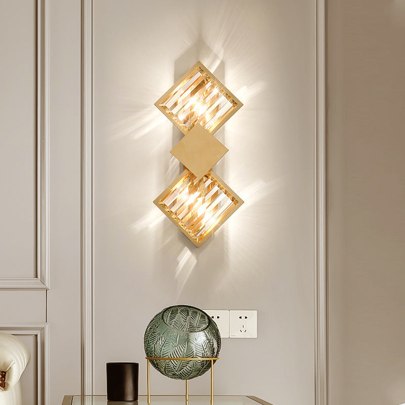 Modern Art Deco Square Frame Metal Crystal 2-Light Wall Sconce Lamp For Bedroom