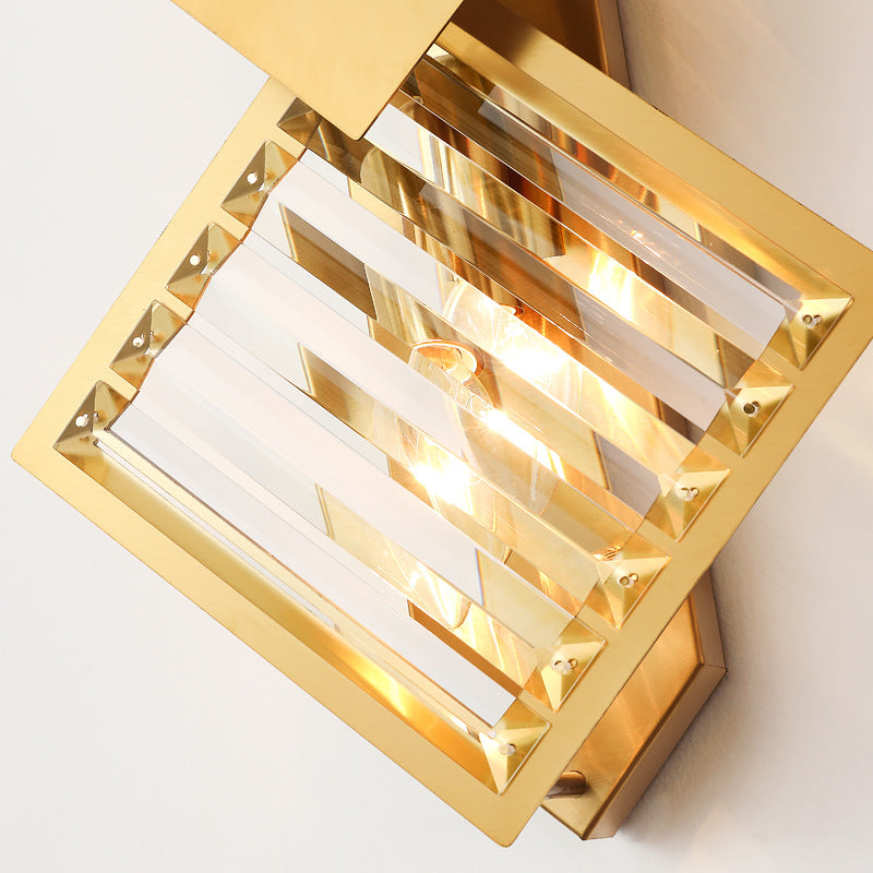 Modern Art Deco Square Frame Metal Crystal 2-Light Wall Sconce Lamp For Bedroom