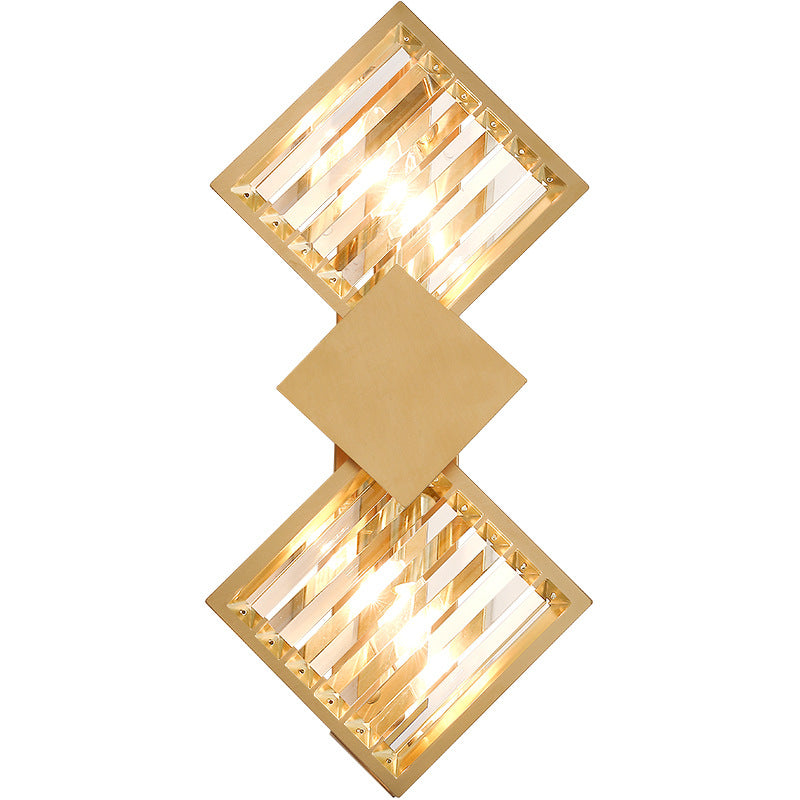 Modern Art Deco Square Frame Metal Crystal 2-Light Wall Sconce Lamp For Bedroom