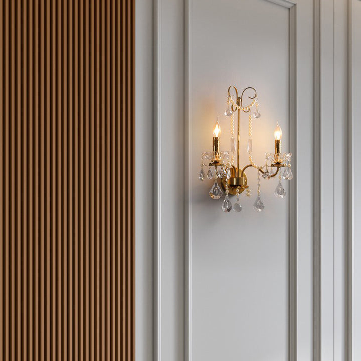 Applique murale traditionnelle européenne rustique en fer à bougie avec cristal à 2 lumières pour salon 